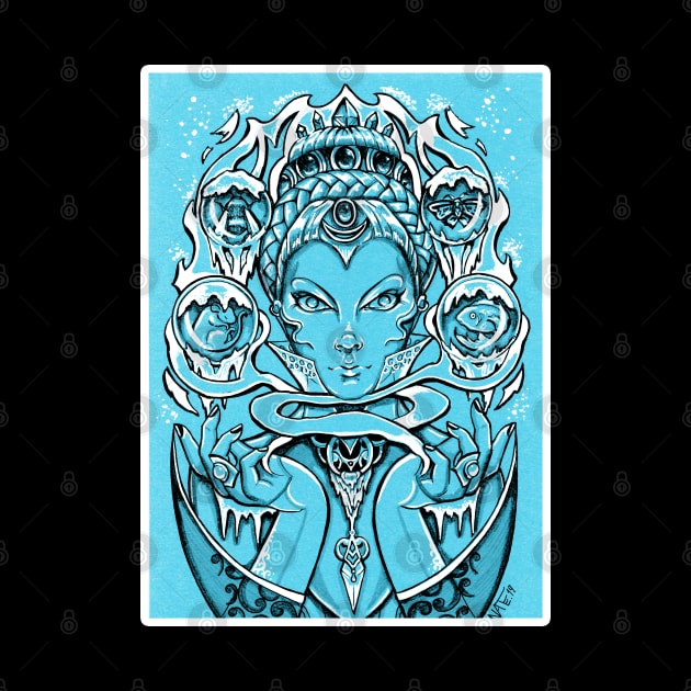 The Snow Queen - Blue Background - White Outlined Version by Nat Ewert Art