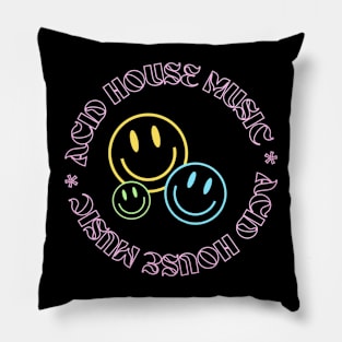ACID HOUSE  - Circular Font With 3 Smileys (pink/blue/yellow) Pillow