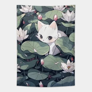 Cute white kitten in a field of lotus flowers Tapestry