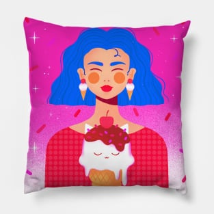 Happy girl with blue hair and kitty ice cream, version 3 Pillow