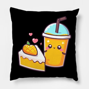 Cute Kawaii Illustration of a Mango Milkshake and a Mango Cake | Kawaii Food Pillow