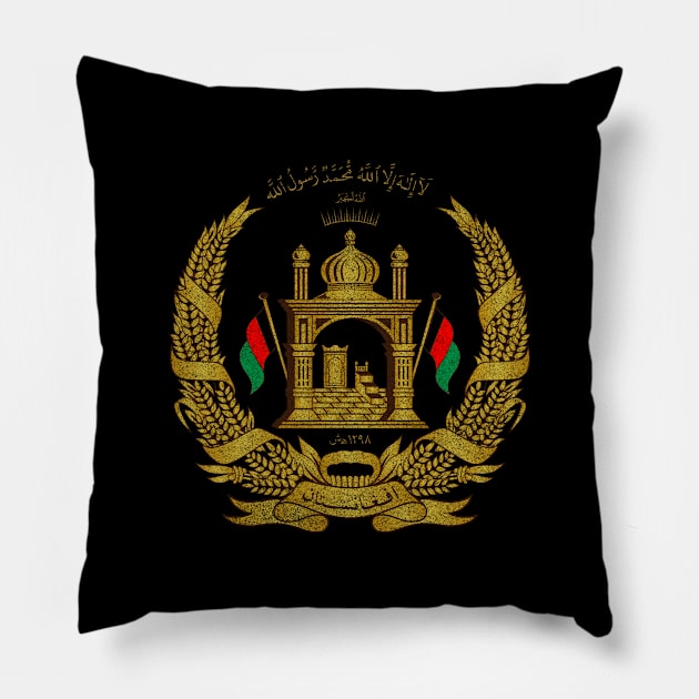 National Emblem of Afghanistan, gold distressed, Country Coat of Arms and Emblems Pillow by Webdango