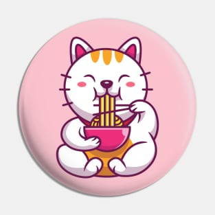 Cute Cat Eating Noodle With Chopstick Cartoon Pin