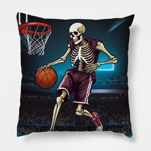 Skeleton Playing Basketball Pillow by VivaLaRetro