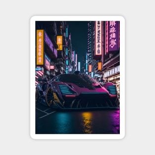 Dark Neon Sports Car in Japanese Neon City Magnet