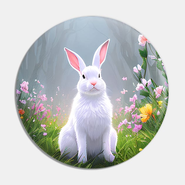 Fluffy white bunny rabbit in the woods with wildflowers Pin by akwl.design