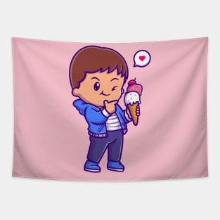 Cute Boy Holding Ice Cream Cartoon Tapestry