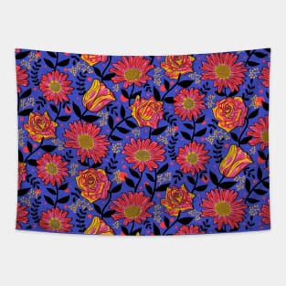 Bold Summer Flowers on Electric Blue Tapestry