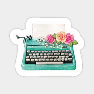 AQUA TEAL TURQUOISE VINTAGE TYPEWRITER WITH VIBRANT FLOWERS Magnet