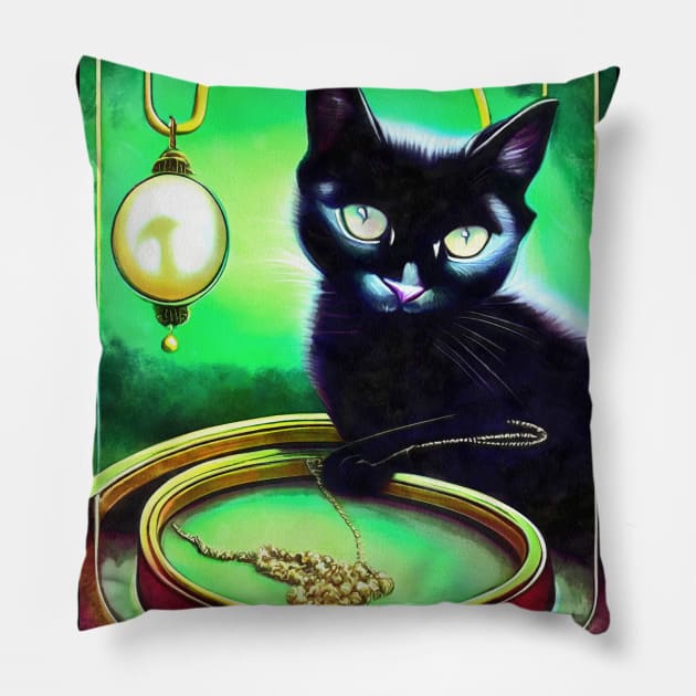 Black cat play with golden chain Pillow by AnnArtshock