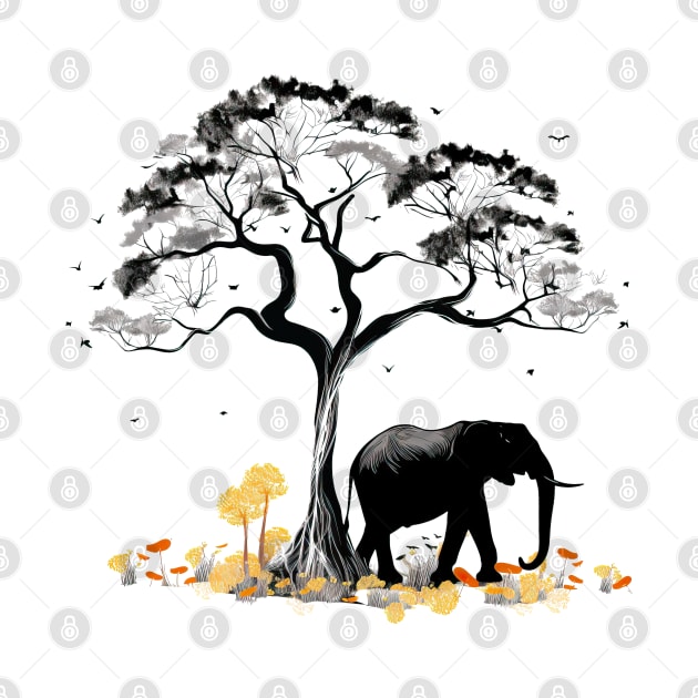 Elephant with african mimosa tree by RosaliArt