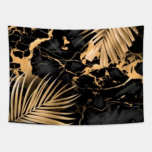 Black Gold marble and monstera Tapestry