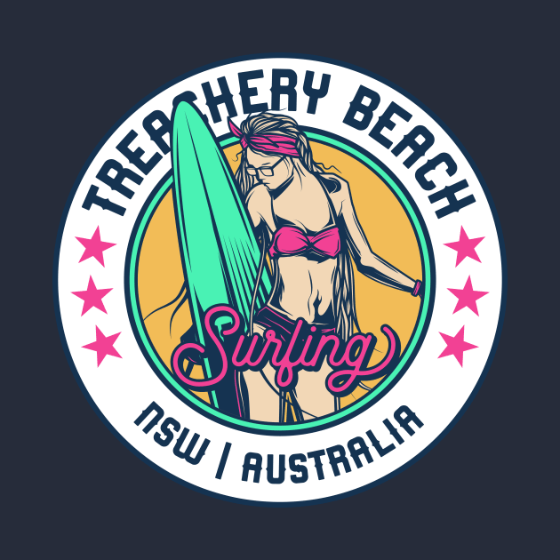 Retro Surfer Babe Badge Treachery Beach New South Wales Australi by Now Boarding