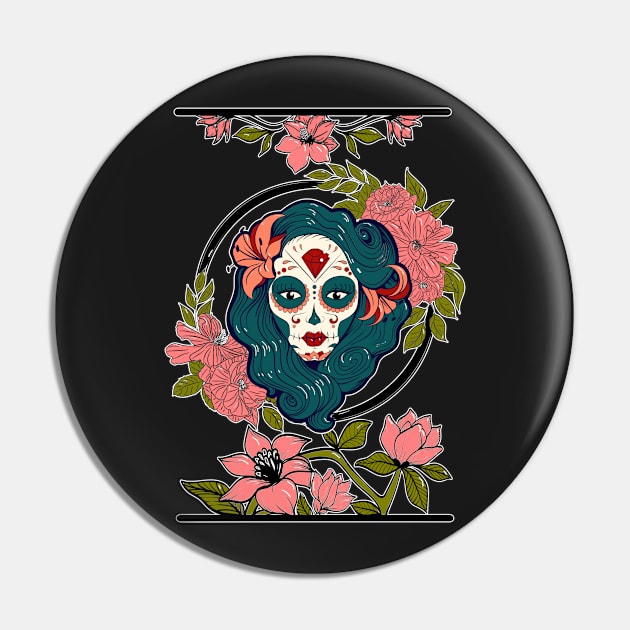 Sugar Skull Girl Floral Magnolia Pin by Redmanrooster