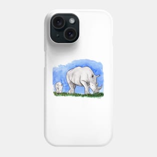 Rhinoceros with baby calf watercolor and ink illustration Phone Case