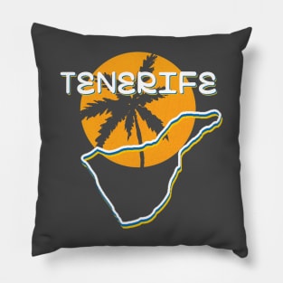 Tenerife - the administrative colors of the flag are white, blue and yellow, the outline of the island against the background of the yellow sun and palm trees Pillow