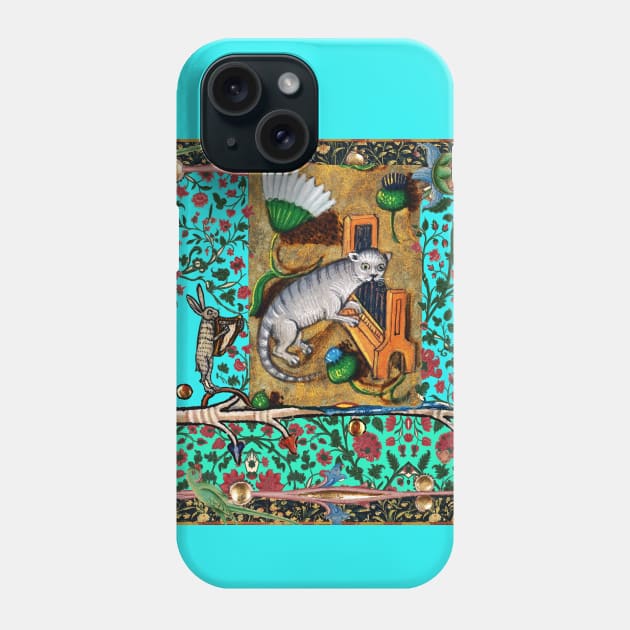 WEIRD MEDIEVAL BESTIARY MAKING MUSIC, Cat Playing Organ,Harpist Rabbit,Snail Cat in Teal Blue Phone Case by BulganLumini