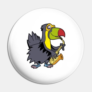 Comic toucan playing saxophone Pin