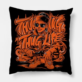 Thug Life Design Featuring Black Men on Orange Pattern Pillow