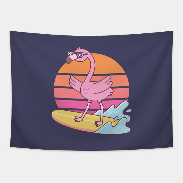 Funny Flamingo Surfing On Surfboard Sunset Tapestry by rustydoodle
