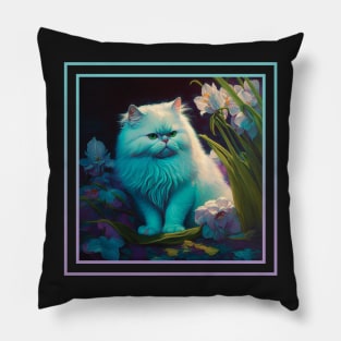 Stern Persian Cat Vibrant Tropical Flower Digital Oil Painting Portrait Pillow