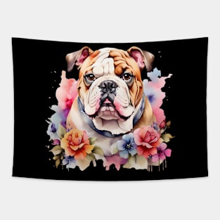 An english bulldog decorated with beautiful watercolor flowers Tapestry