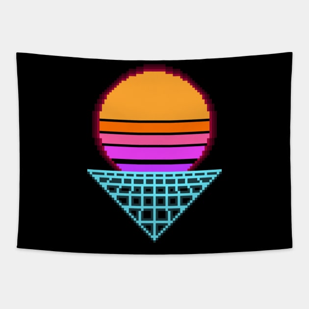 Outrun Sunset Retro 8-Bit Pixel Art Tapestry by StebopDesigns