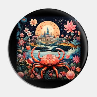 Surrealistic Folk Art Dark Floral Motif Crab Design Pin