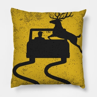 Swerving Car Meets Deer Crossing Vintage Road Sign Pillow