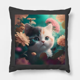 Cute Kitten Blue Eyes Floral Background | White, brown and grey cat with blue eyes | Digital art Sticker Pillow