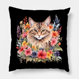 A norwegian forest cat decorated with beautiful watercolor flowers Pillow