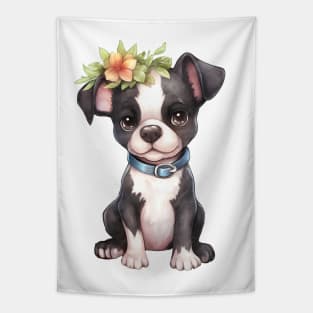 Watercolor Boston Terrier Dog with Head Wreath Tapestry