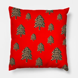 Leopard Print Christmas Tree Pattern on Red Pillow