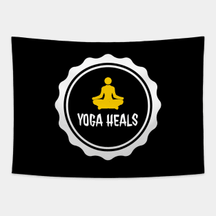 Yoga heals typography design with a person meditating by dmerchworld Tapestry