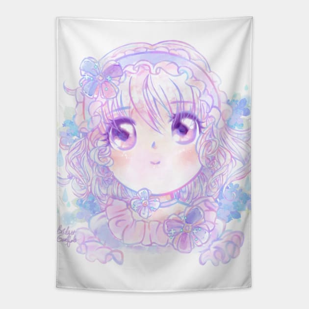 Hydrangea Girl - Cute Kawaii Anime Original Character Watercolor Art Tapestry by BonBonBunny