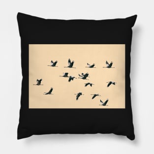 Fifteen Common Cranes Flying on Peach Background Pillow