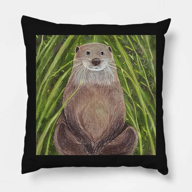 Peaceful Otter sitting in the grass colored pencil illustration Pillow by SubtleSplit