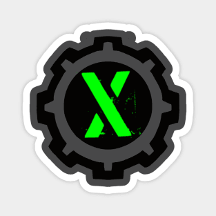 Green Letter X in a Black Industrial Cog Magnet