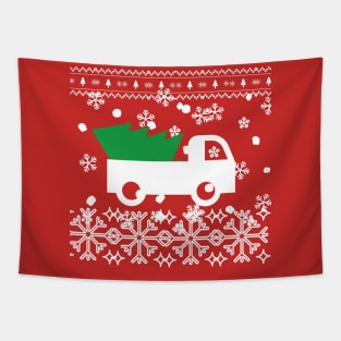 Ugly Christmas sweater design with a truck and Christmas tree Tapestry