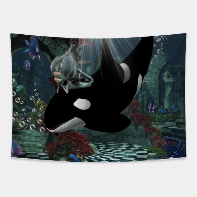 Wonderful orca with little mermaid Tapestry by Nicky2342