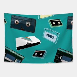 Analog teal background vintage VHS cassette tape old media Tapestry