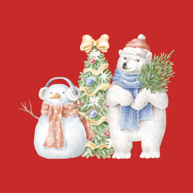 Polar bear and snowman in front of christmas tree by waltzart