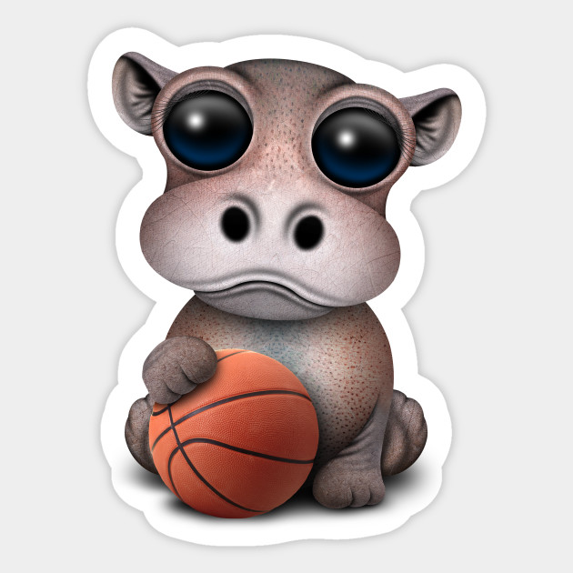 Cute Baby Hippo Playing With Basketball Basketball Sticker