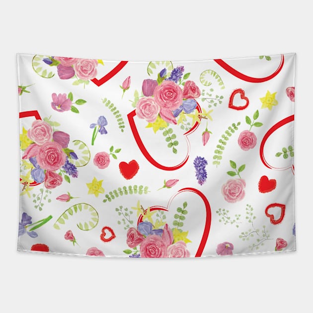 Hearts Flowers Valentine's Day Tapestry by LizzyizzyDesign