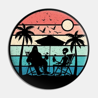 Bigfoot Sasquatch With Alien Friend Retro Tropical Sunset Beach Pin