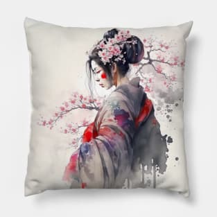 Japanese geisha in kimono and cherry blossoms Pillow