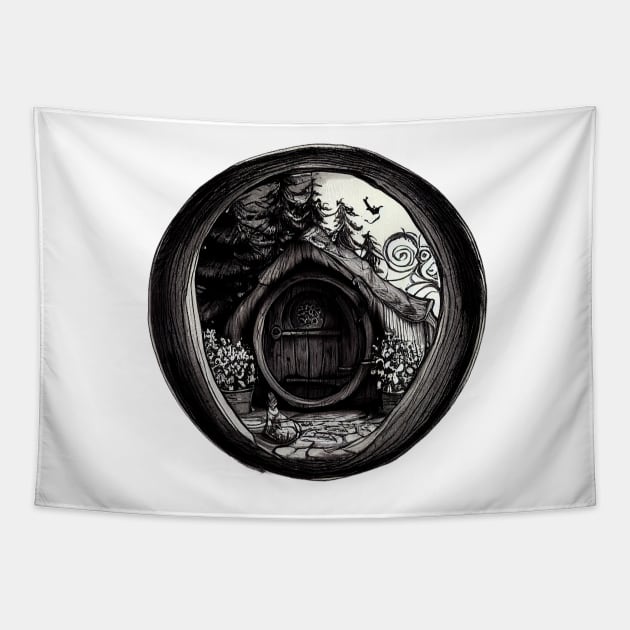 Round Door - Black and White - Fantasy Tapestry by Fenay-Designs