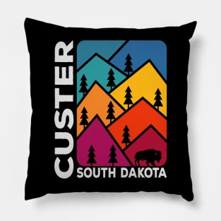 Custer South Dakota Vintage Mountains Bison Pillow