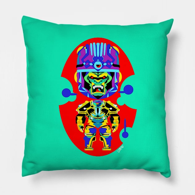 robot mojo gorilla ecopop in mexican patterns golden art Pillow by jorge_lebeau