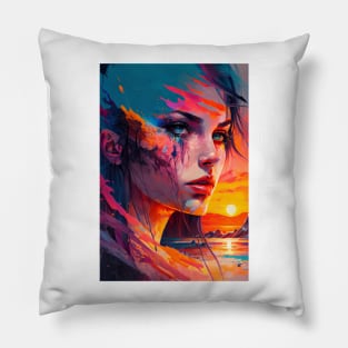 Beautiful Girl Abstract Art with Setting Sun Pillow